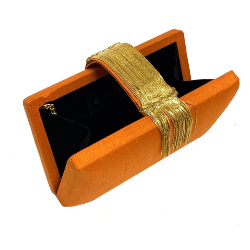 Gold-Tassel Orange Satin Evening Clutch — image 2 of 3